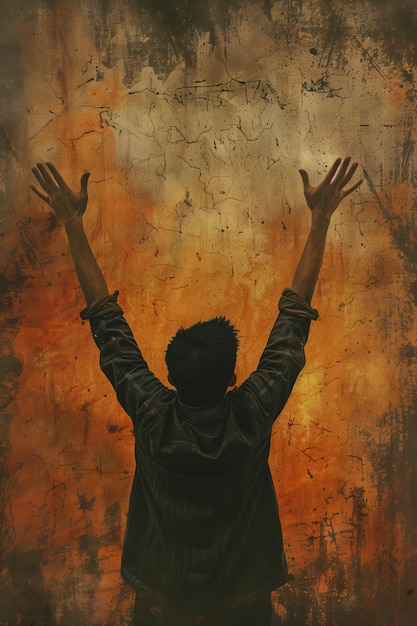 Christian Asian man raises arms to sky in worship Grunge old canvas background with orange brown