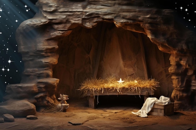 Christian Christmas scene with empty wooden manger