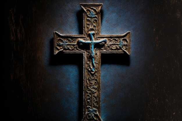 Christian cross on a dark textured backdrop representing faith blue cross