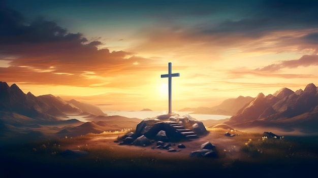 Christian cross on hill at sunset AI generated