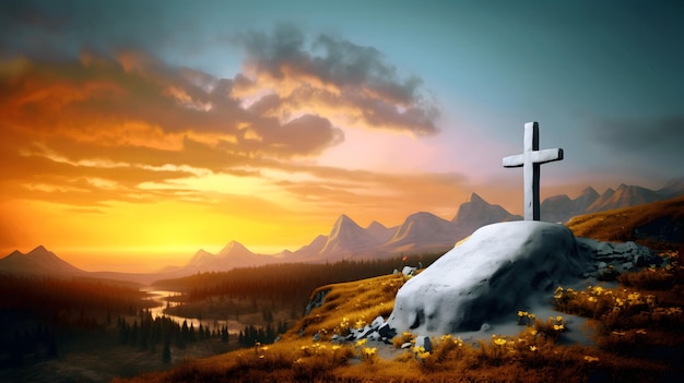 Christian cross on hill at sunset AI generated