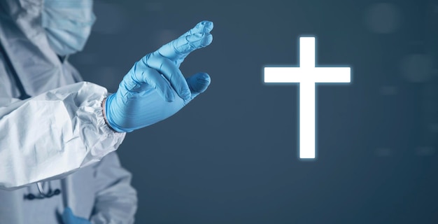 Christian cross icon The doctor clicks on the screen