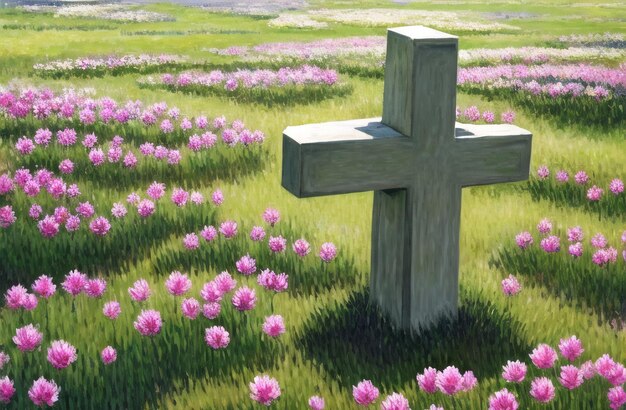 Christian Cross in the middle of flower field Good Friday Palm Sunday Concept Ai Generated