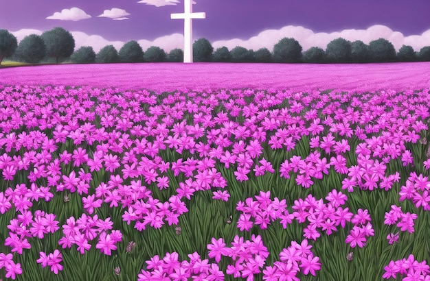 Christian Cross in the middle of flower field Good Friday Palm Sunday Concept Ai Generated