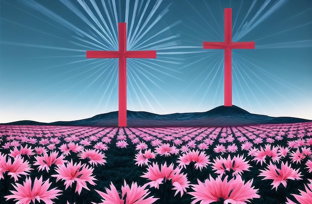 Christian Cross in the middle of flower field Good Friday Palm Sunday Concept Ai Generated