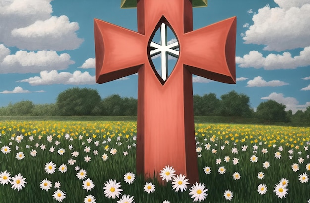 Christian Cross in the middle of flower field Good Friday Palm Sunday Concept Ai Generated