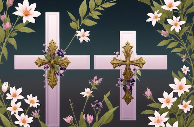 Christian Cross in the middle of flower field Good Friday Palm Sunday Concept Ai Generated