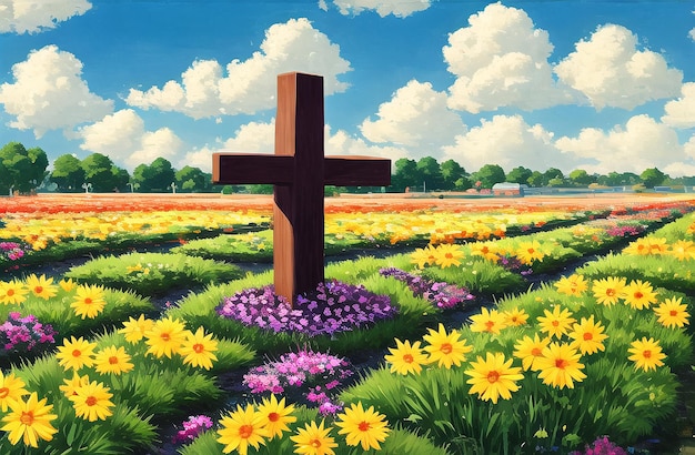 Christian Cross in the middle of flower field Good Friday Palm Sunday Concept Ai Generated