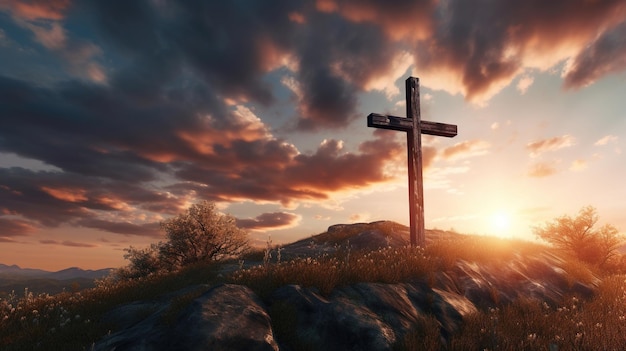 Christian cross on a mountain top