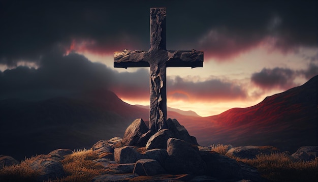 Christian cross on the mountain with sunset and beautiful sky Mountain summit cross Generative AI