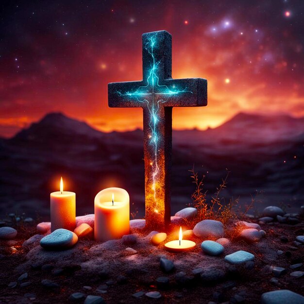 Christian cross in nature little grave with stones and burning candles on dark surface realistic