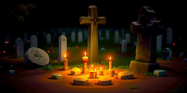 Christian cross in nature little grave with stones and burning candles on dark surface realistic