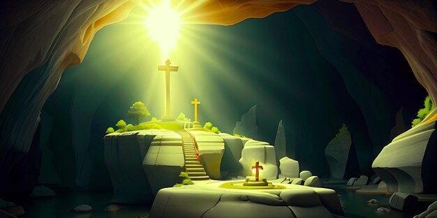 Christian cross in nature little grave with stones and burning candles on dark surface realistic