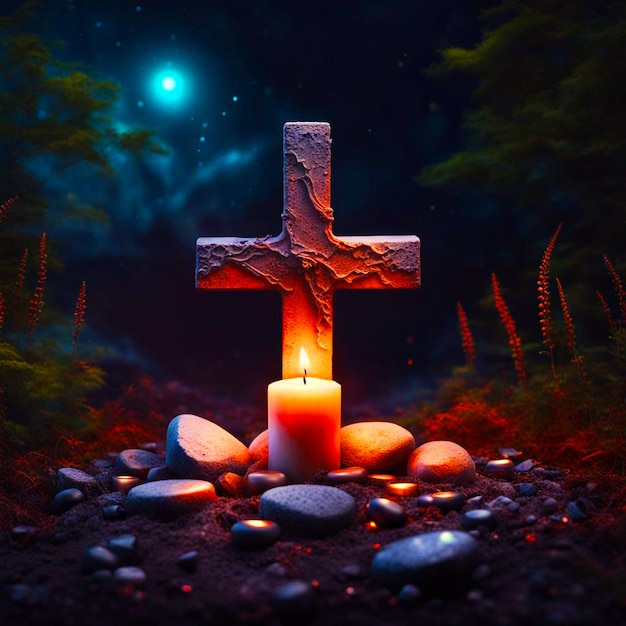 Christian cross in nature little grave with stones and burning candles on dark surface realistic