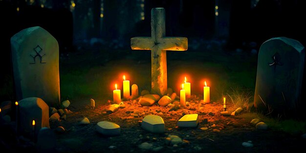 Christian cross in nature little grave with stones and burning candles on dark surface realistic