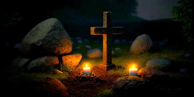 Christian cross in nature little grave with stones and burning candles on dark surface realistic