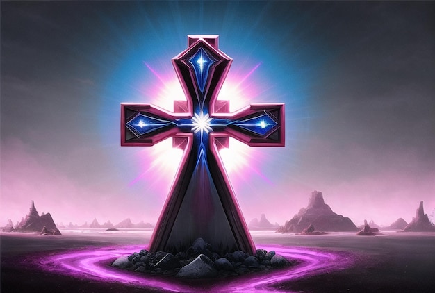 Christian Cross Neon Futuristic Abstract Cyberpunk Palm Sunday Good Friday Concept Ai generated