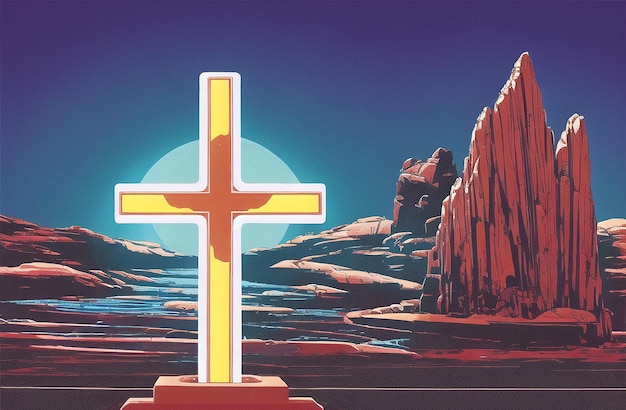 Christian Cross Neon Futuristic Abstract Cyberpunk Palm Sunday Good Friday Concept Ai generated