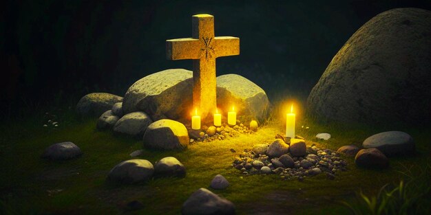 Christian cross stone on nature mountain side and small grave with burning candle on dark surface