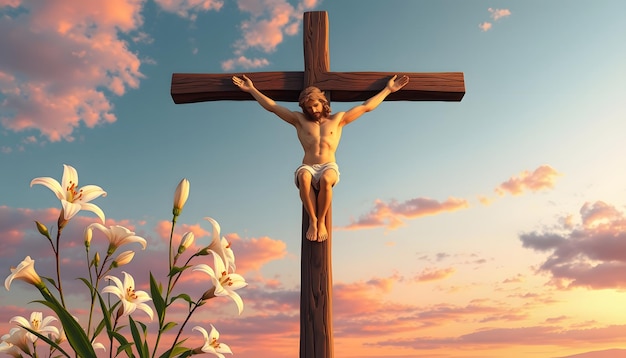 Christian cross with lily flowers outdoors at sunset The Crucifixion of Jesus isolated with white