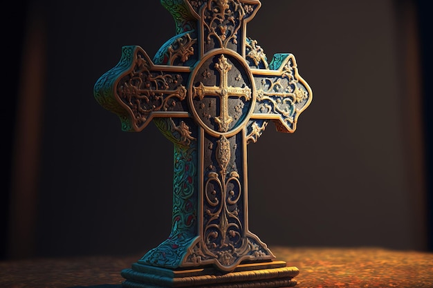 Christian cross with a traditional engraving and color