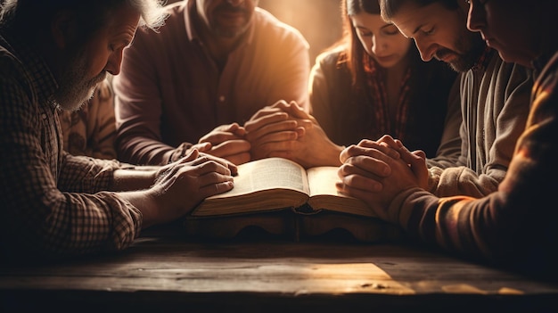 Christian family hand praying bible together AI generated image