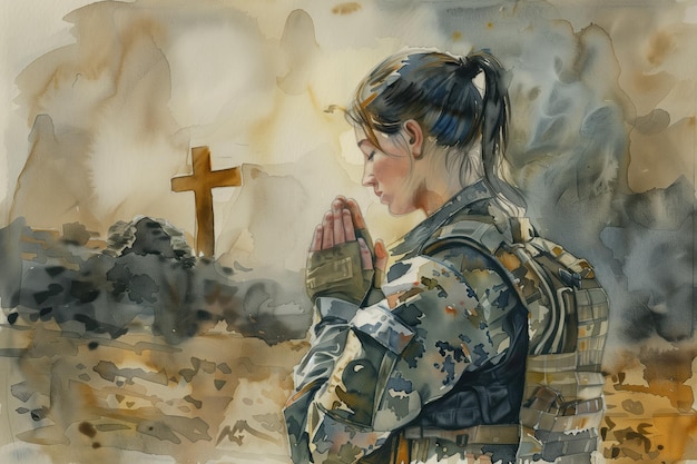 Christian female soldier stands on dirt road hands clasped together gazing at cross against