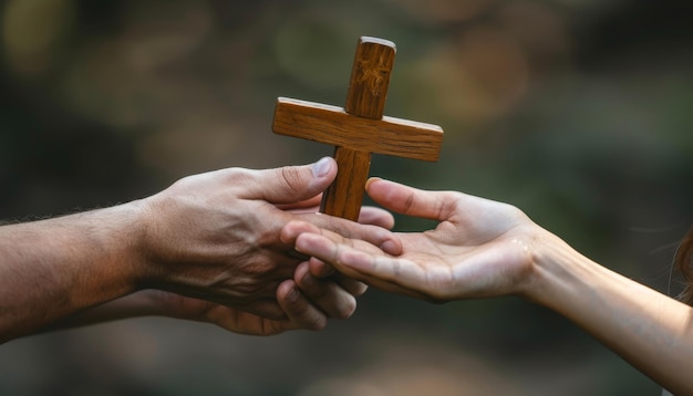 Photo christian man passing wooden cross to woman symbolizing the great commission concept