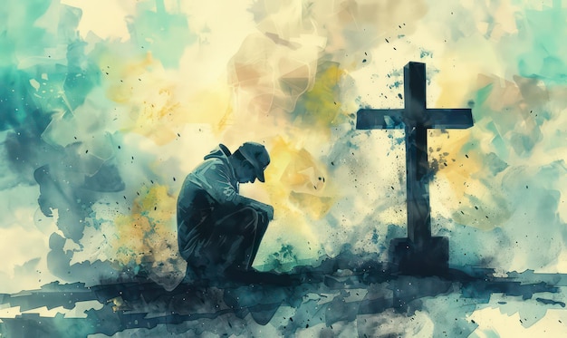 Christian man praying in front of a cross in a watercolor style Digital watercolor painting