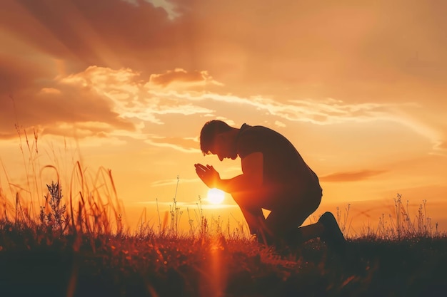 Photo christian prayer man on his knees praying on sunset background kneeling prayer to god worship and praise