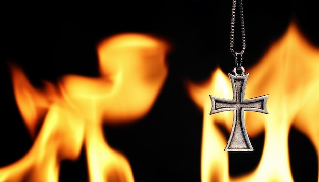 Christian Religion Symbol Cross on Fire Flames