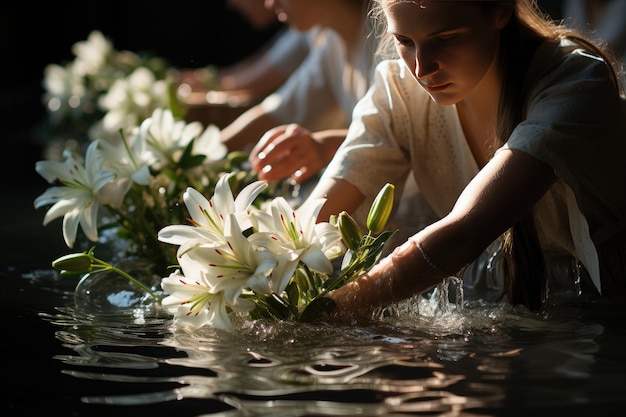 Christian surrender water emotion and white robes at the baptism ceremony generative IA