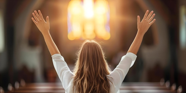 Photo christian woman worships with raised arms in praise during church service concept worship christianity church praise spirituality