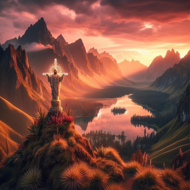 Christianity and nature unite in stunning mountain landscape generative ai