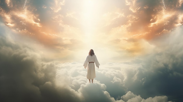 Christianity theme Jesus in the clouds beautiful light background