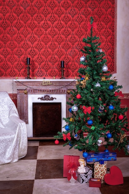 Christimas  interior in red vintage room studio shot