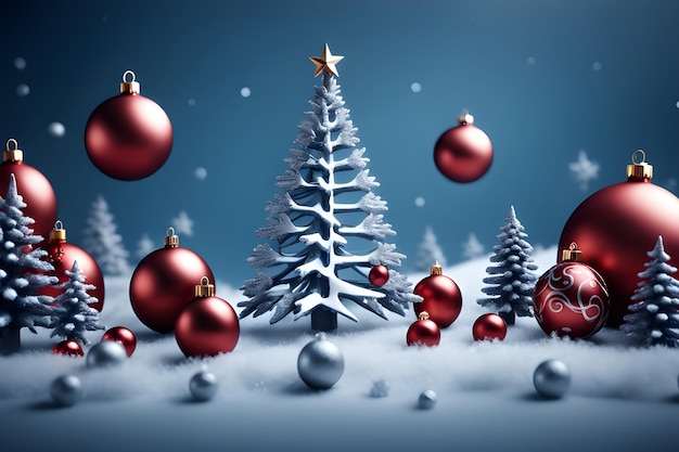 Christmas 4k wallpaper with red and white Christmas balls and Christmas tree in the middle