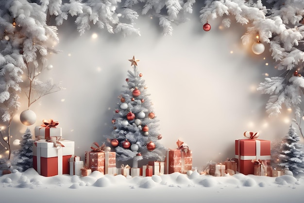 Christmas 4k wallpaper with white background and Christmas tree in the middle with balls and gifts