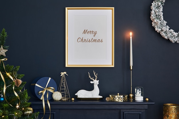 Christmas accessories on the fireplace in the living room interior Stylish decoration Mock up frame ...