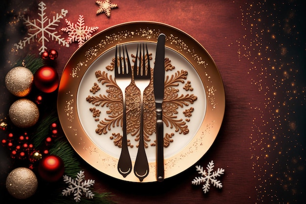 Christmas backdrop with a dish on the festive table and utensils copy space