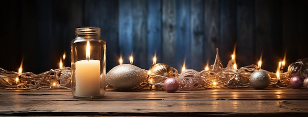 Christmas background banner with lighten candles and balls on a wooden textured rustic table