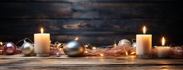 Christmas background banner with lighten candles balls on a wooden textured wall and rustic table