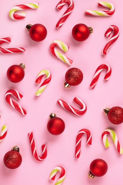 Christmas background of candy cane and christmas balls