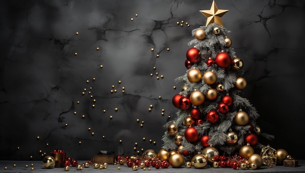 christmas background Christmas tree decorations on black concrete with copy space Christmas or New