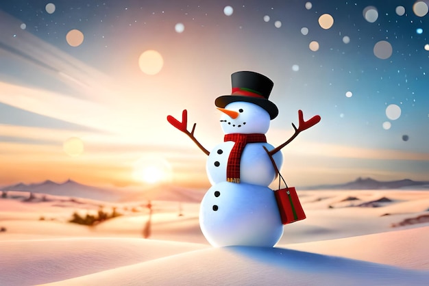 christmas background of snowman carrying gifts with snowy sign