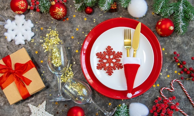 Christmas background table setting and decor. Selective focus. Nature.