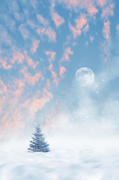 Christmas background Winter minimalist landscape Christmas tree against the background of snowdrifts and a pink sky with a moon at sunset