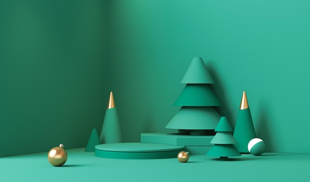 Christmas background with balls and pine trees podium on pastel green shape 3d render