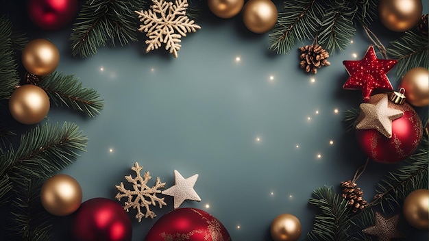 Christmas background with baubles stars and fir branches on blue