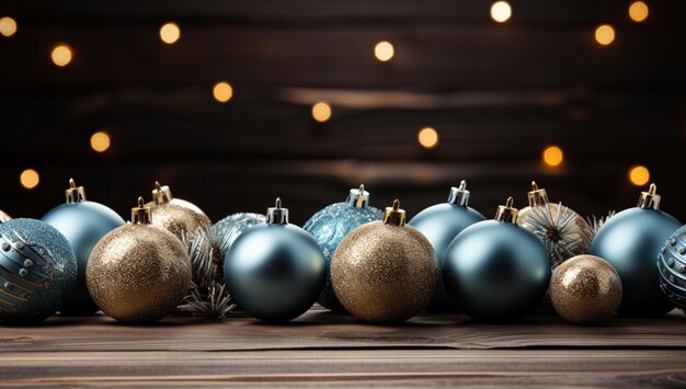 Christmas background with blue baubles and fir tree on wooden table